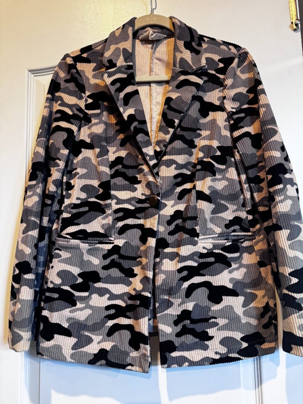 Savanna Jane Camo Corduroy Blazer Jacket Gray Black Tan Size Small